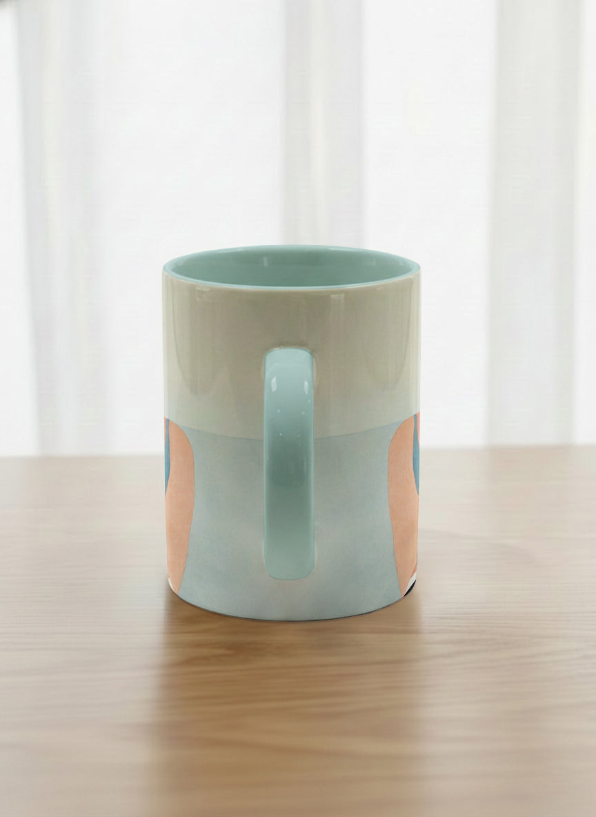 classic mug | Memory on the Bridge side view mug a solitary figure gazing over a sunlit Venetian canal lined with terracotta buildings, soft powder blue interior and handle, by KikaG - Gallery By Inhesion