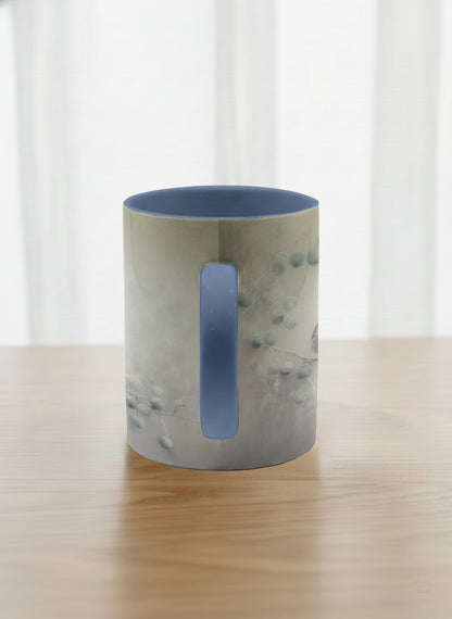 classic mug | A Quiet Moment side view mug,solitary bird perched in a soft misty landscape with delicate dot details, dusty blue interior and handle, by Karina Mosser - Gallery By Inhesion