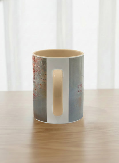 classic mug | Quiet Waters side view mug, delicate red blossoms and fine branches drifting across a soft celadon mist, warm cream interior and handle, by Karina Mosser - Gallery By Inhesion