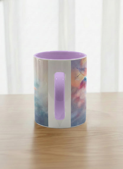 classic mug | Frosted Morning side view mug, vivid blue berries and autumn leaves drifting across a dreamy pastel rainbow wash, soft lavender interior and handle, by Karina Mosser - Gallery By Inhesion