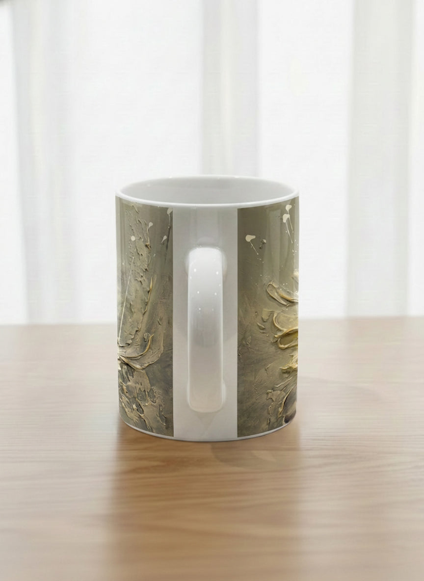 Classic Mug | Awakening side view mug showing textured floral design in muted grey-gold tones by Mersedes Mein - Gallery By Inhesion
