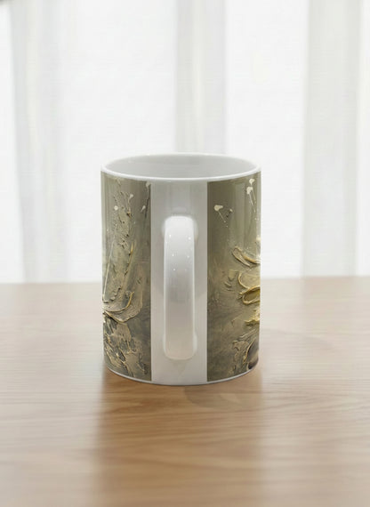 Classic Mug | Awakening side view mug showing textured floral design in muted grey-gold tones by Mersedes Mein - Gallery By Inhesion