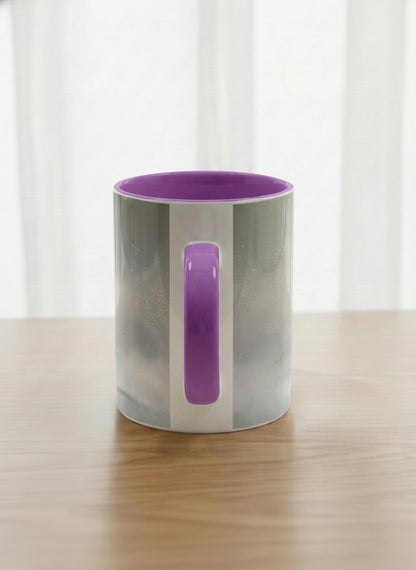 Classic mug | Waiting for Spring side view mug, a tiny kitten in a burgundy scarf sitting in a soft misty meadow, dusty rose interior and handle, by Karina Mosser - Gallery By Inhesion