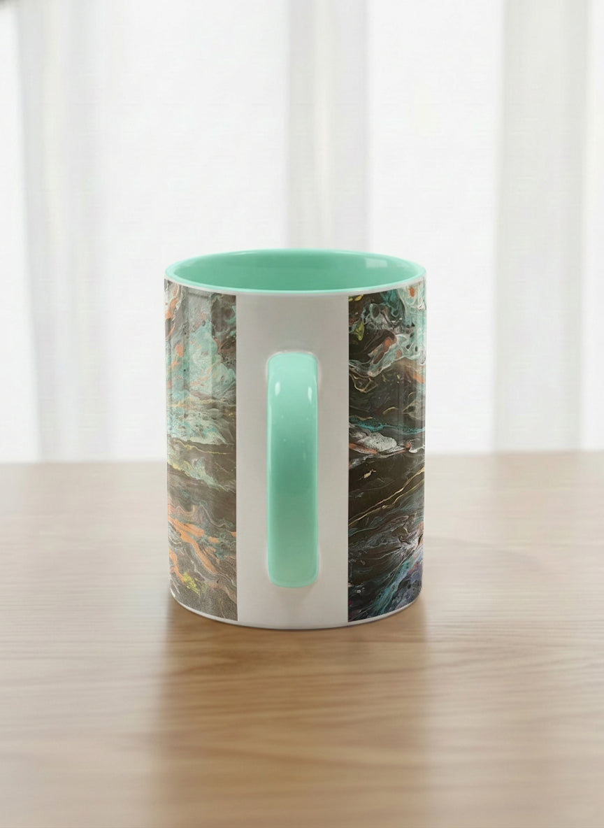 Classic Mug | Winged Light side view mug showing a fluid art painting with swirling, multicolored design by Renee Pupetz - Gallery By Inhesion