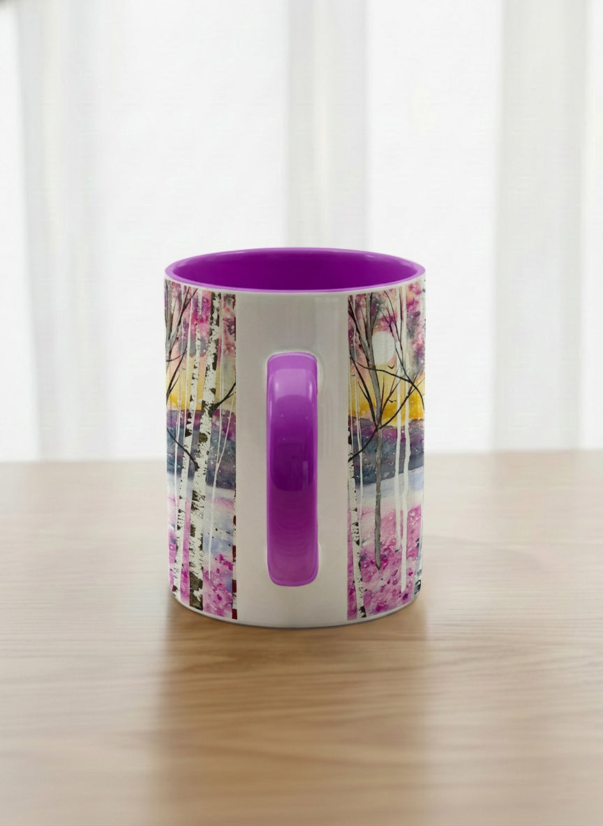 Classic Mug | Living in Colour side view mug shows colorful watercolor birch trees in a dreamy forest landscape by Renee Pupetz - Gallery By Inhesion