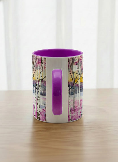 Classic Mug | Living in Colour side view mug shows colorful watercolor birch trees in a dreamy forest landscape by Renee Pupetz - Gallery By Inhesion
