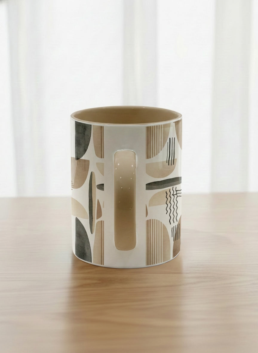 Classic Mug | Organic Shades side view mug, earthy beige and charcoal abstract shapes, cream interior, olive handle, by Alan CL Lee - Gallery By Inhesion