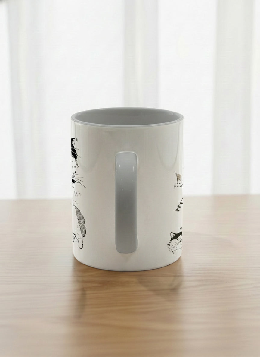 Classic mug | Moments of Curiosity side view mug  ink-sketched cats in playful poses with Korean script on white, grey interior, by Hyun Jung Cho