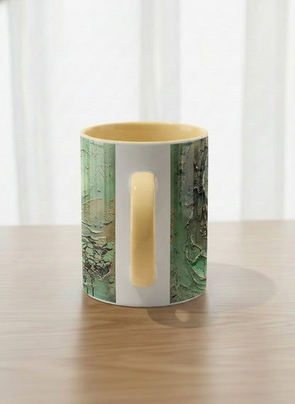 classic Mug | Emerald Magic side view mug showing abstract marbled pattern in green, gold, and earthy tones by Mersedes Mein - Gallery By Inhesion