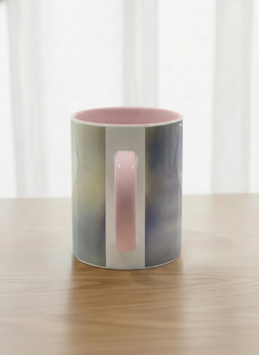 Classic mug | Ethereal Blossoms side view mug, soft pink clematis flowers glowing against a deep moody sage green mist, blush pink interior and handle, by Karina Mosser - Gallery By Inhesion