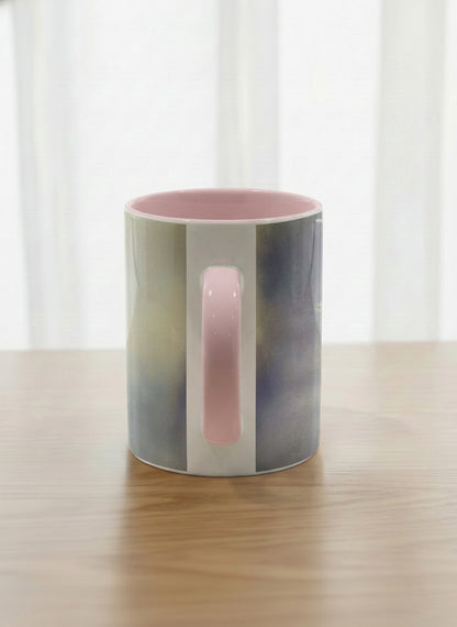 Classic mug | Ethereal Blossoms side view mug, soft pink clematis flowers glowing against a deep moody sage green mist, blush pink interior and handle, by Karina Mosser - Gallery By Inhesion