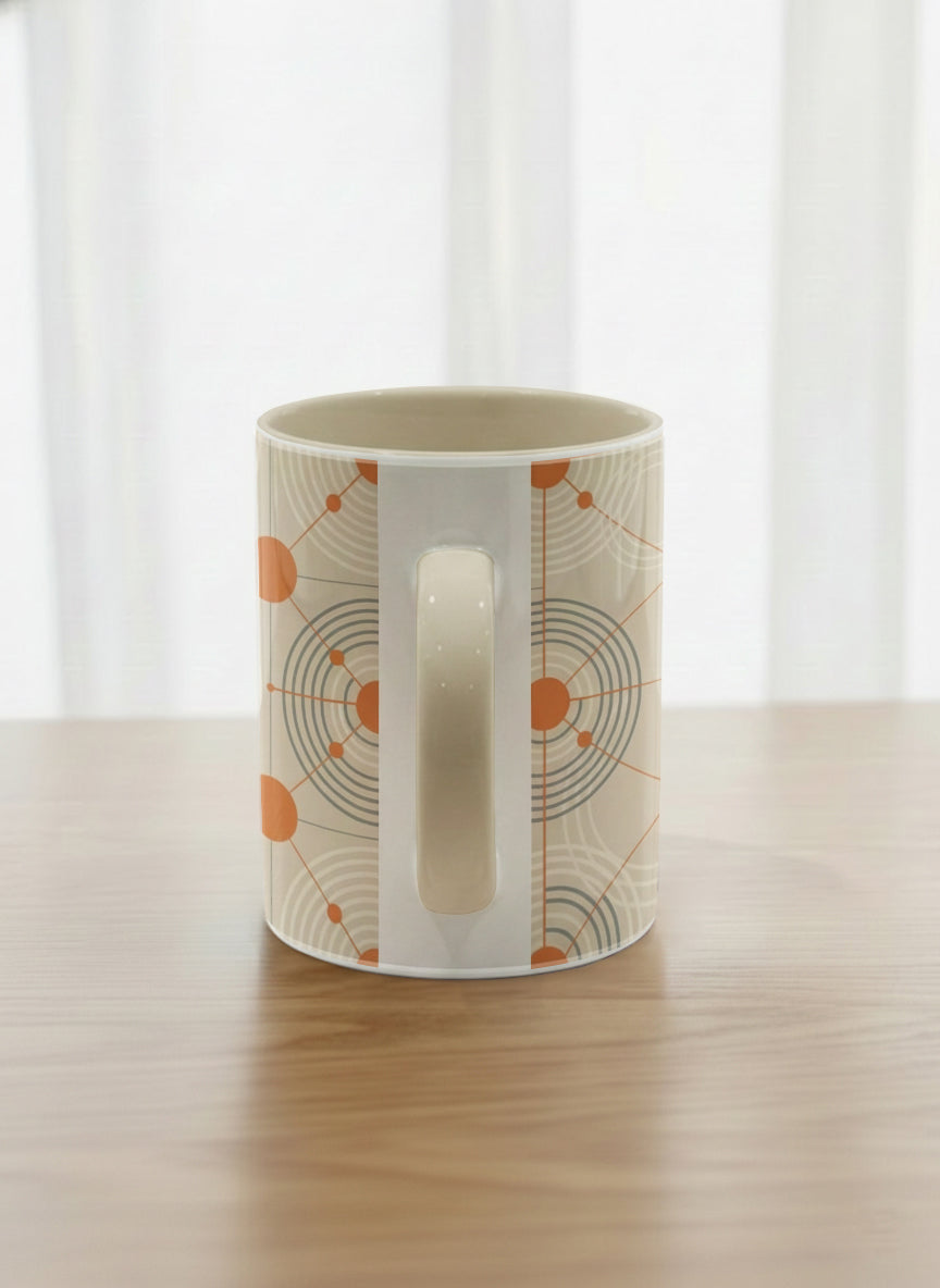 Classic Mug | Entangled Terracotta Web side view mug, orange geometric circle pattern, cream finish, by Alan CL Lee - Gallery By Inhesion