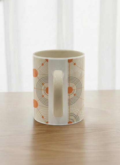 Classic Mug | Entangled Terracotta Web side view mug, orange geometric circle pattern, cream finish, by Alan CL Lee - Gallery By Inhesion