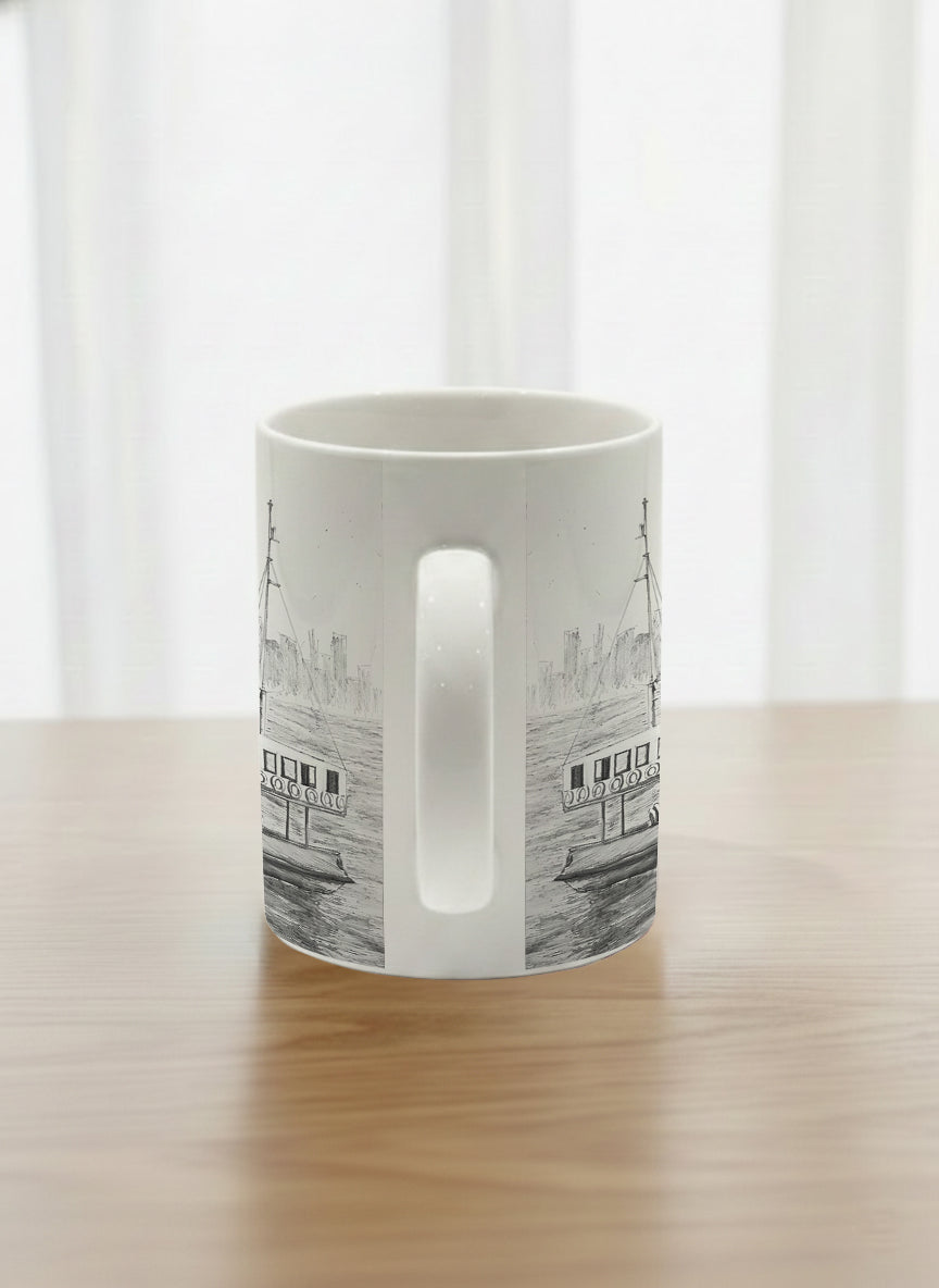 Classic Mug | The Star of the Harbor side view mug showing a sketch of Star Ferry Pier in Hong Kong by Samuel Kwok - Gallery By Inhesion