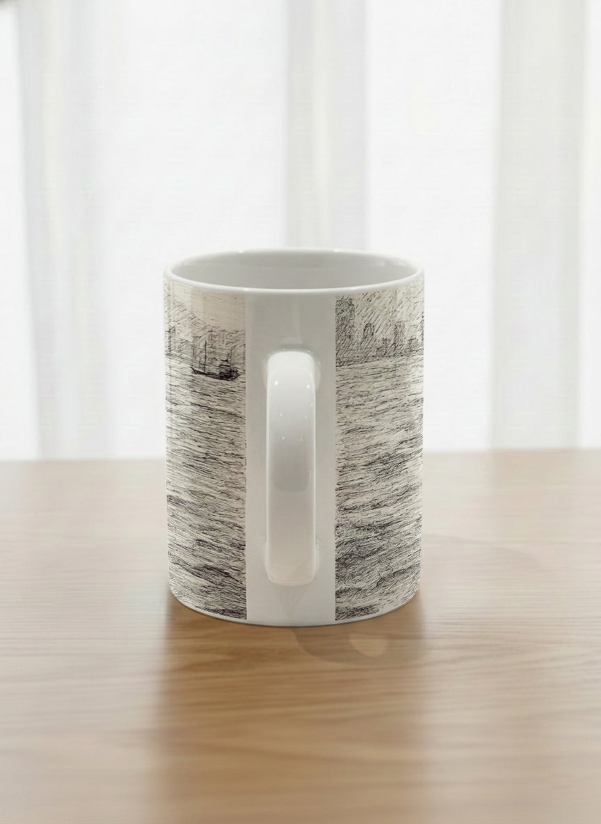Classic Mug | Shimmering Passage side view mug showing a pen drawing Star Ferry in Hong Kong by Samuel Kwok - Gallery By Inhesion
