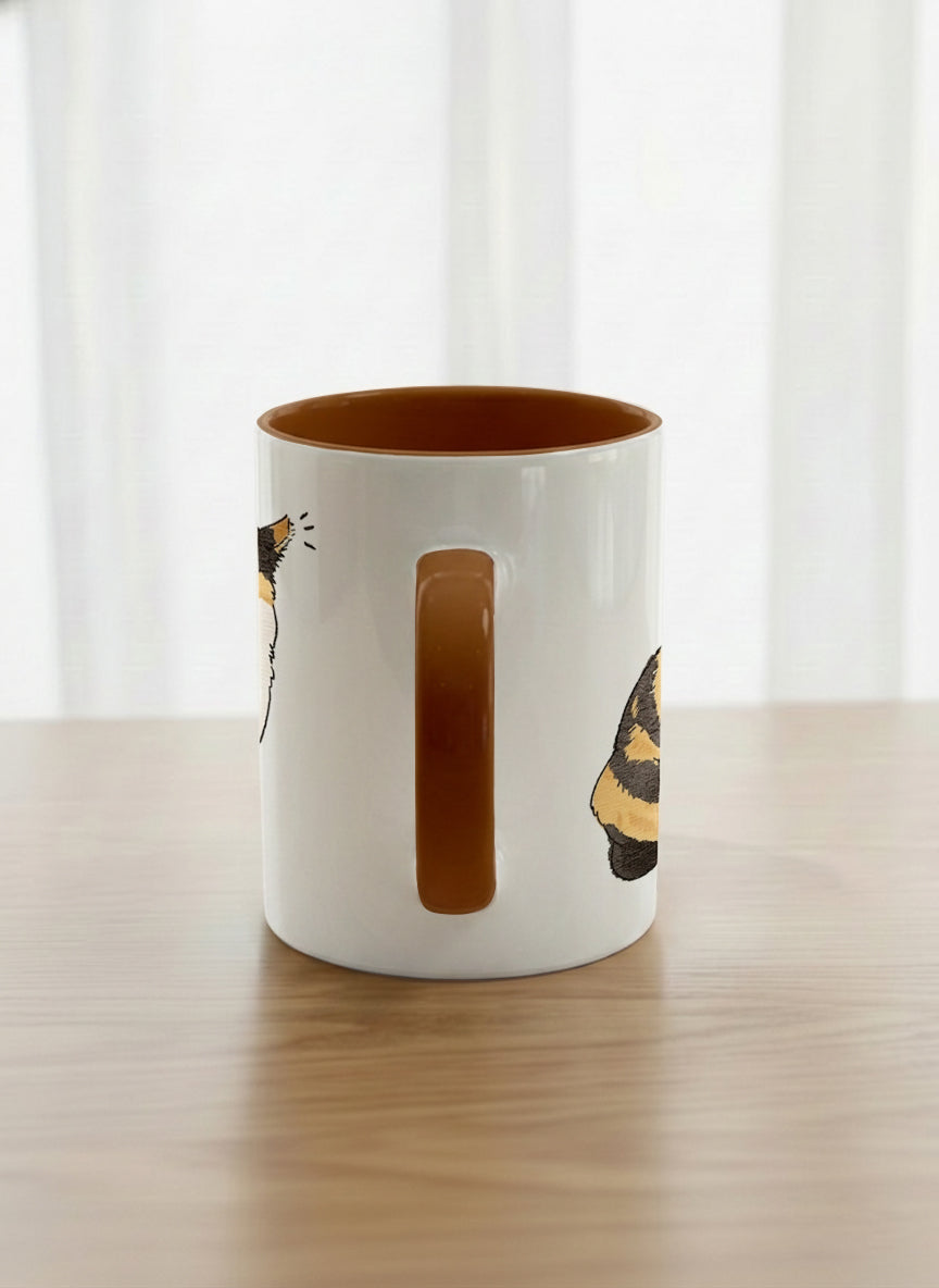 classic Mug | Spicy Calico side view mug grumpy calico cat with piercing green eyes and ruffled fur, dark chocolate interior, by Hyun Jung Cho