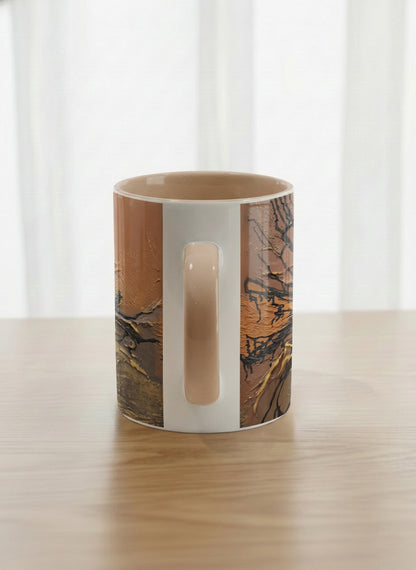 Classic Mug | Flowing Essence side view mug showing abstract marbled pattern in brown, black, and gold tones by Mersedes Mein - Gallery By Inhesion