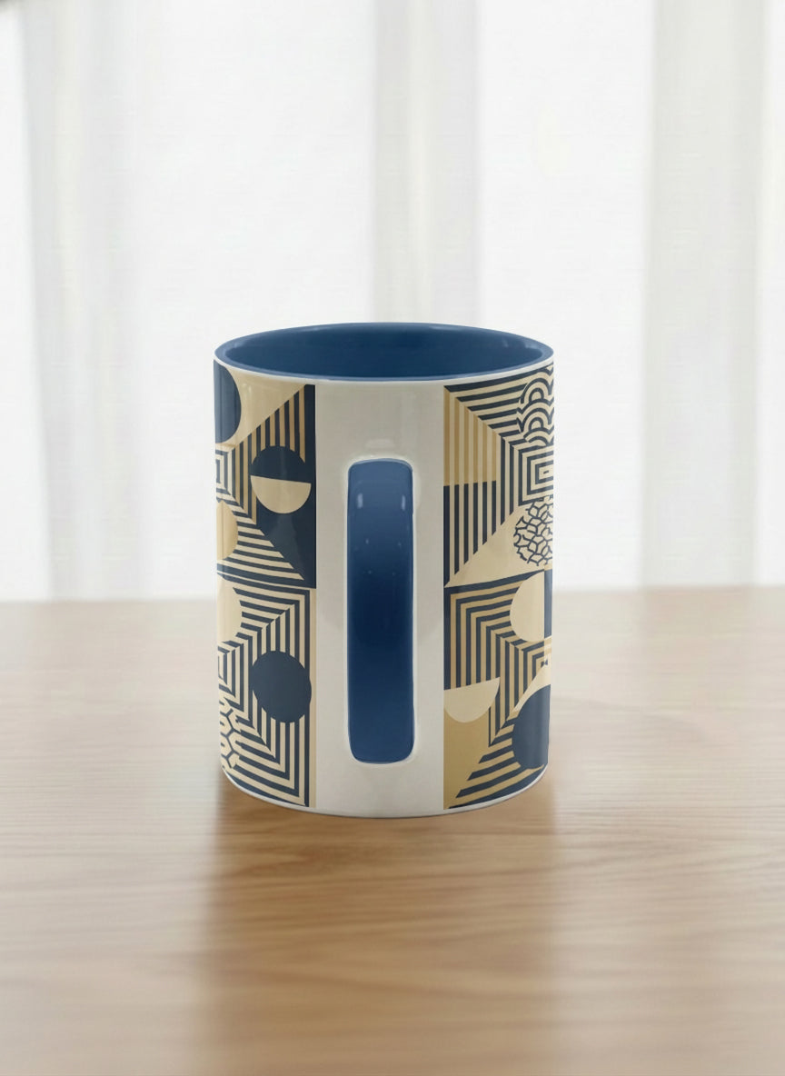 Classic Mug | Fractured Horizon Drift side view mug, navy and gold geometric pattern, dark interior and handle, by Alan CL Lee - Gallery By Inhesion