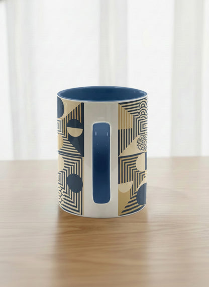 Classic Mug | Fractured Horizon Drift side view mug, navy and gold geometric pattern, dark interior and handle, by Alan CL Lee - Gallery By Inhesion
