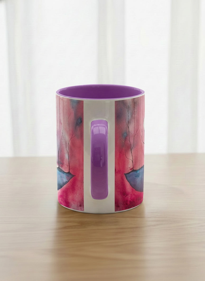 classic mug | Sail the Moon side view mug with watercolor night scene, boat silhouette, trees and full moon, purple handle and interior by Renee Pupetz - Gallery By Inhesion