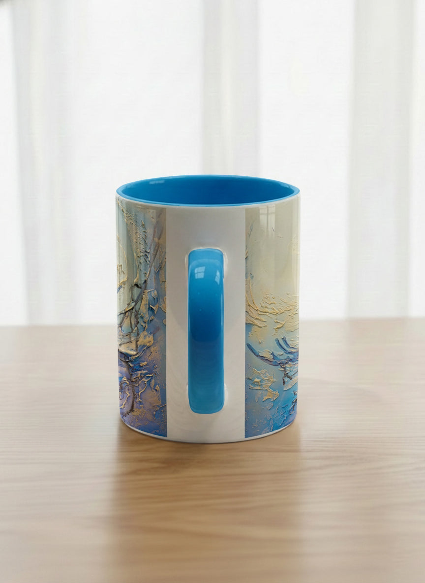 Classic Mug | Touches of depth side view mug showing abstract pattern in blue, white, and gold by Mersedes Mein - Gallery By Inhesion