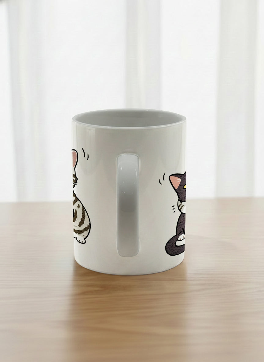 classic Mug | Best Buddies side view mug small tuxedo cat leaning into a chubby tabby with tiny floating hearts, sage interior, by Hyun Jung Cho