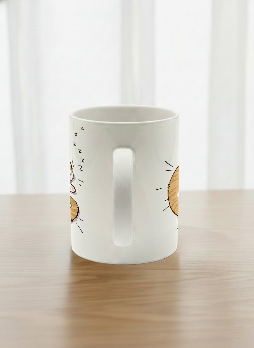 classic Mug | Sweet Dreams side view mug, a ginger tabby cat curled into a perfect circle fast asleep with tiny zzz's floating above, clean white interior and handle, by Hyun Jung Cho - Gallery By Inhesion