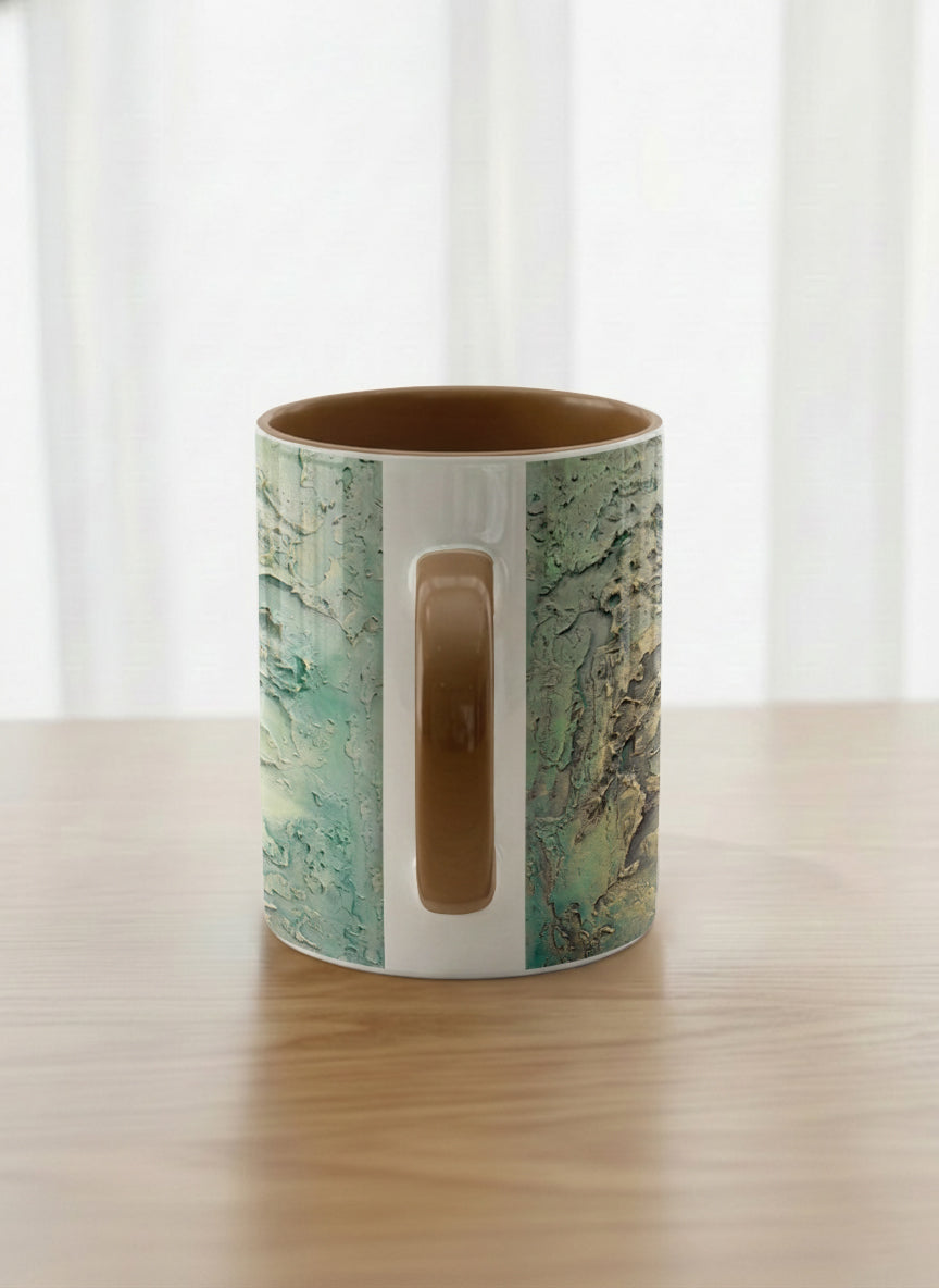 Classic Mug | Green textured side view mug with earthy, weathered pattern and brown handle on a light surface by Mersedes Mein - Gallery By Inhesion