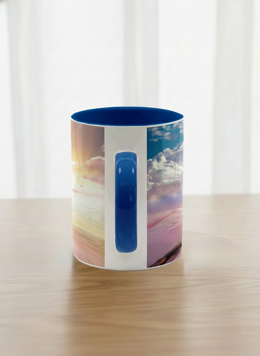 Classic Mug | The Shore of Summer Longing side view mug showing a scenic beach illustration with a girl and a sunset by Samuel Kwok - Gallery By Inhesion