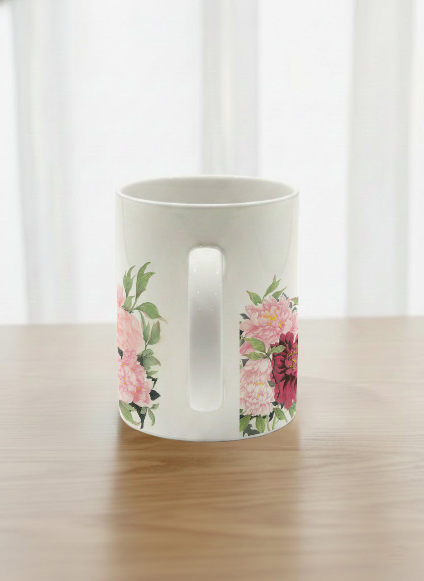 Classic Mug | A Tapestry of Flowers side view mug with watercolor bird flying amid pink/red flowers by Alice Wong - Gallery By Inhesion