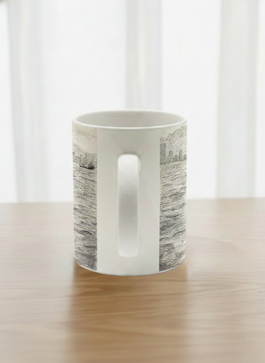 Classic Mug | Shimmering Passage side view mug showing a pen drawing Star Ferry in Hong Kong by Samuel Kwok - Gallery By Inhesion