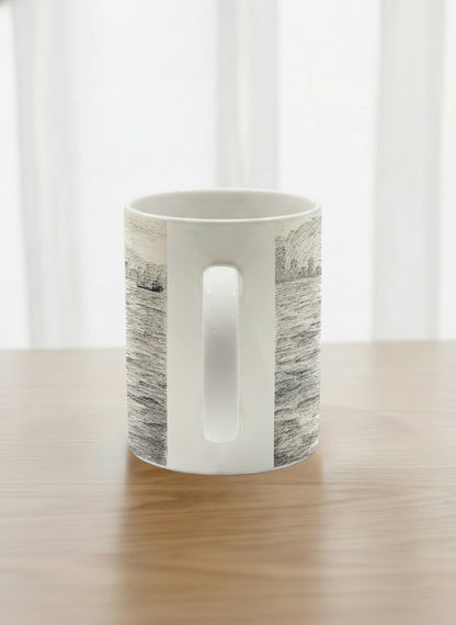 Classic Mug | Shimmering Passage side view mug showing a pen drawing Star Ferry in Hong Kong by Samuel Kwok - Gallery By Inhesion