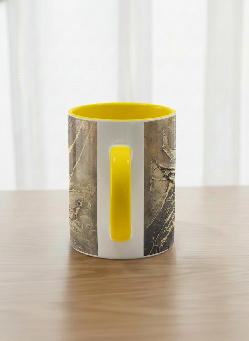 Classic Mug | Unfolding Luminance side view  mug showing abstract marbled pattern in brown, black, and gold tones by Mersedes Mein - Gallery By Inhesion