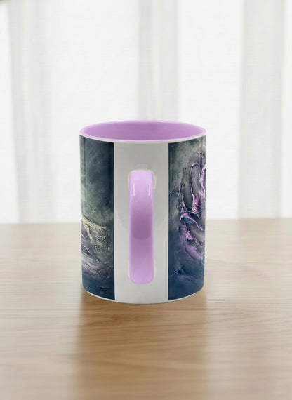 Classic Mug | Modern purple tea side view  mug with elegant abstract floral-inspired marbling, pastel handle, and contemporary design for home or office use.
