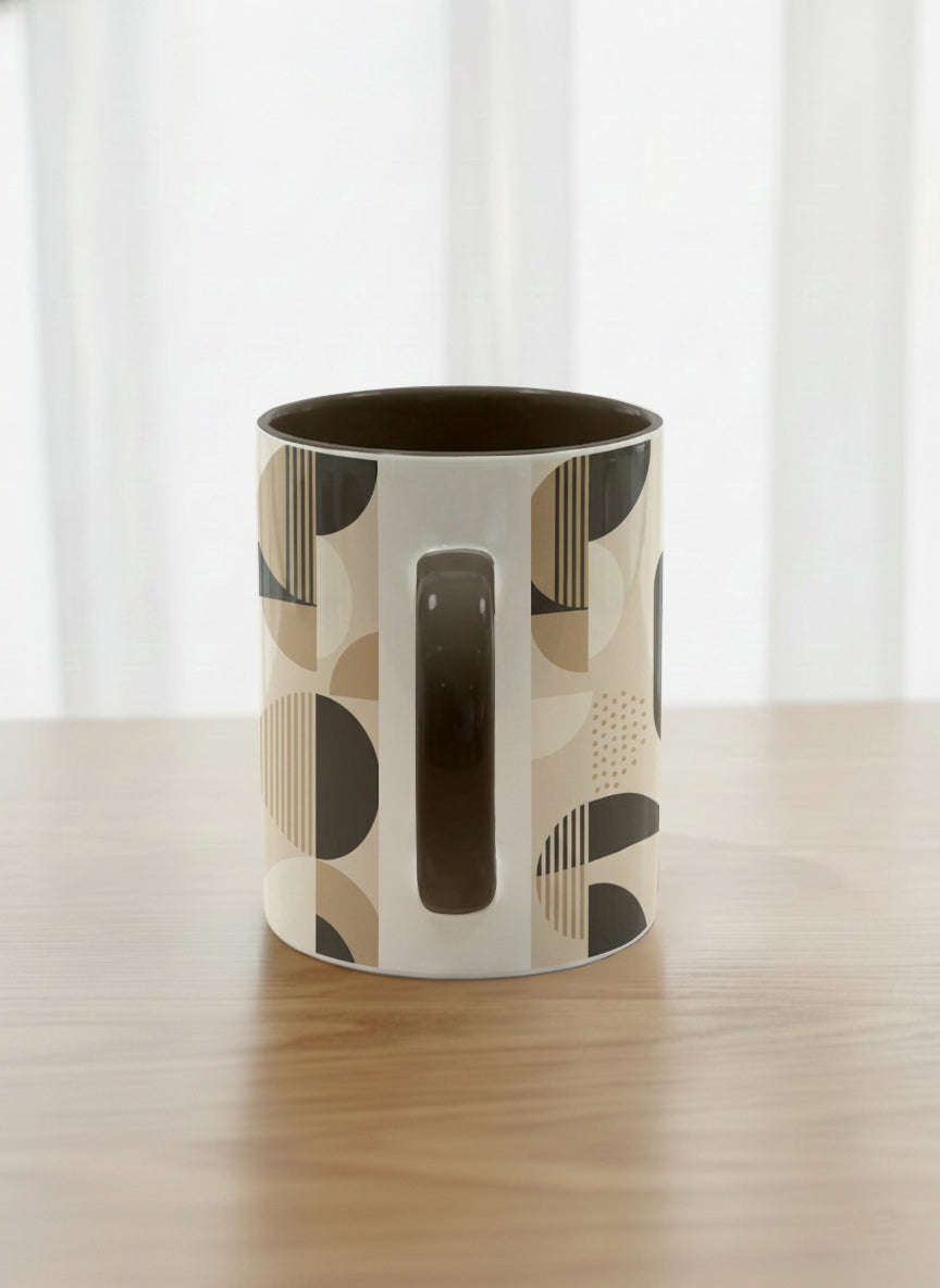 Classic Mug | Parallel Dune Echo side view mug, beige and charcoal geometric shapes with dots and stripes, dark interior and handle, by Alan CL Lee - Gallery By Inhesion