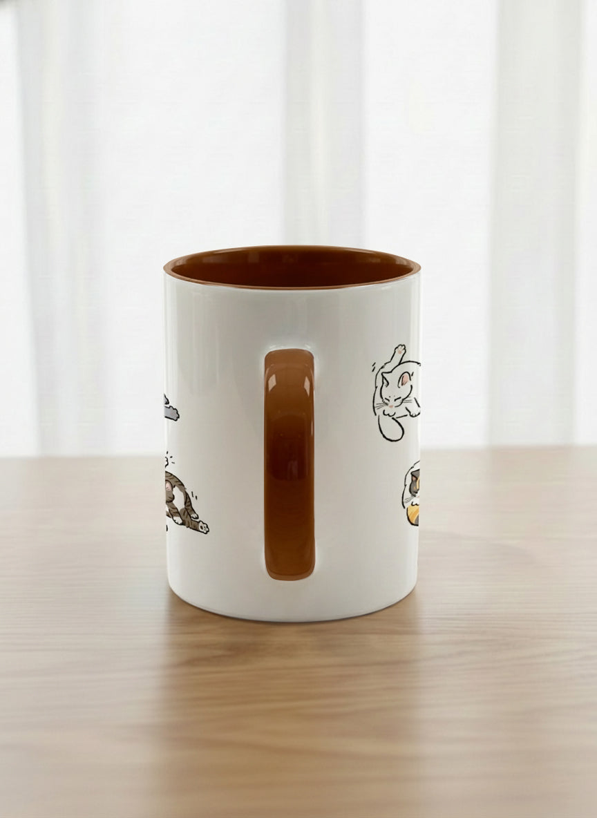 classic Mug | The Grooming Club side view mug eight cats mid-stretch and self-groom in playful rows, soft grey interior and handle, by Hyun Jung Cho