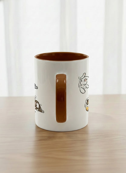 classic Mug | The Grooming Club side view mug eight cats mid-stretch and self-groom in playful rows, soft grey interior and handle, by Hyun Jung Cho
