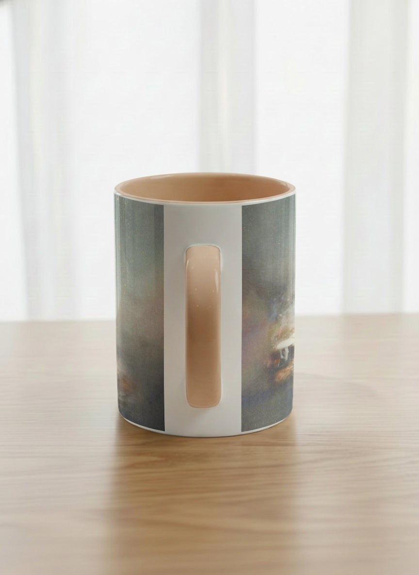 Classic mug | Lullaby side view mug, sleeping fox curled in a soft misty meadow, warm terracotta interior and handle, by Karina Mosser - Gallery By Inhesion