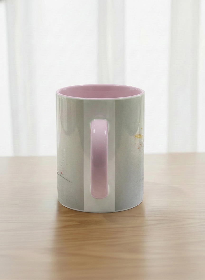 Classic mug | lossom Visitor side view mug, a delicate pink cardinal perched on a wispy blossom branch against a soft ivory mist, blush pink interior and handle, by Karina Mosser - Gallery By Inhesion