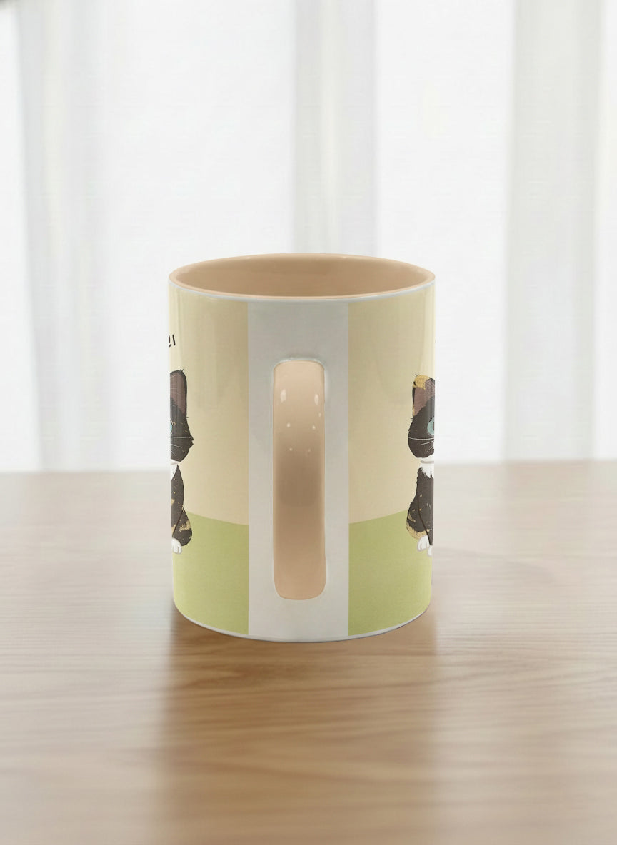 Classic mug | Our Precious Pair side view mug, two adorable tuxedo cats side by side with Korean name tags and tiny red hearts, soft cream interior and handle, by Hyun Jung Cho - Gallery By Inhesion
