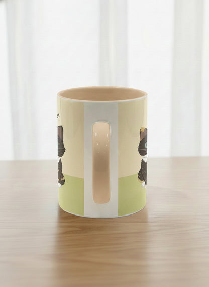 Classic mug | Our Precious Pair side view mug, two adorable tuxedo cats side by side with Korean name tags and tiny red hearts, soft cream interior and handle, by Hyun Jung Cho - Gallery By Inhesion