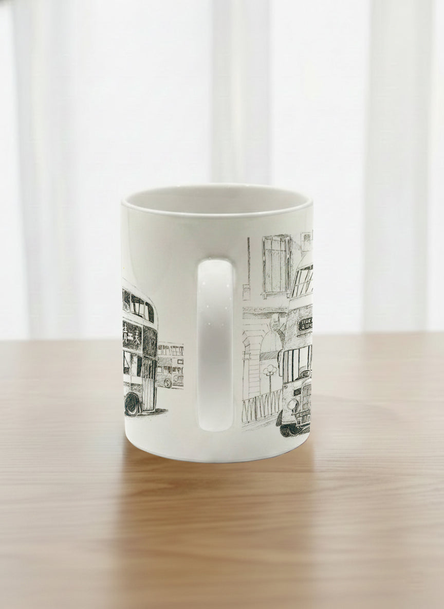 Classic Mug | Lines of the Past  side view mug showing a pen drawing bus in Hong Kong by Samuel Kwok - Gallery By Inhesion