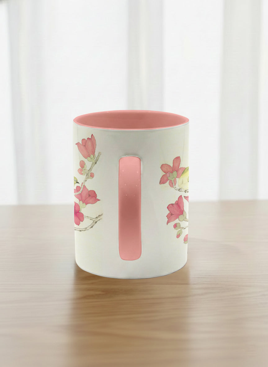 Classic Mug | Forever Love side view mug with watercolor birds on branch with pink flowers by Alice Wong - Gallery By Inhesion