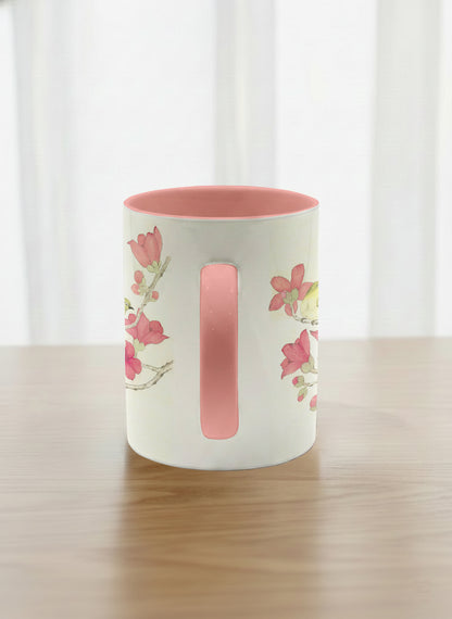 Classic Mug | Forever Love side view mug with watercolor birds on branch with pink flowers by Alice Wong - Gallery By Inhesion