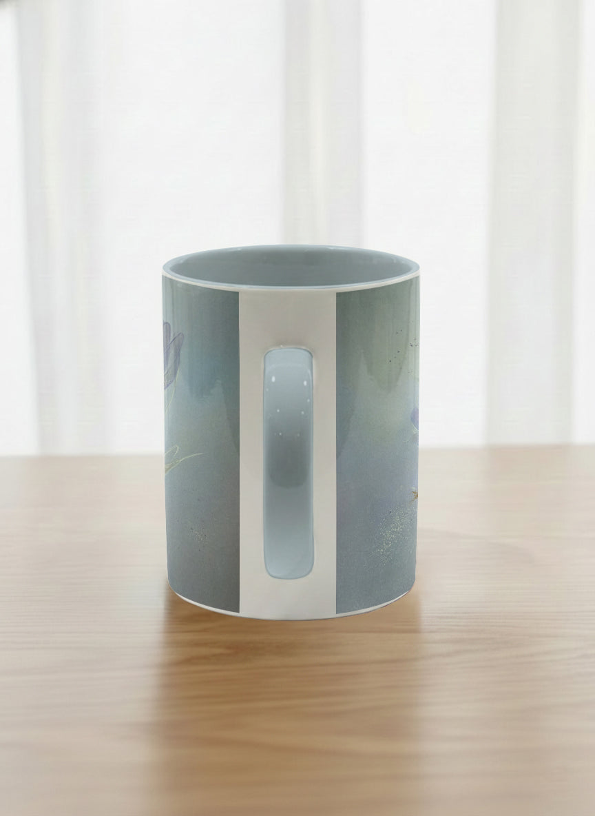 classic mug | Glass Petals side view mug, a delicate translucent poppy bloom emerging from a soft misty blue-grey wash, matching powder blue interior and handle, by Karina Mosser - Gallery By Inhesion