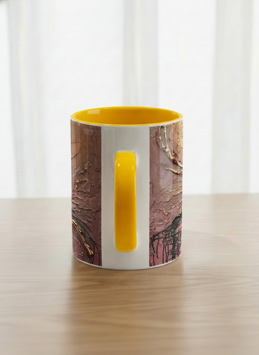 Classic Mug | Fiery Arabesque side view mug showing abstract marbled pattern in earthy brown, red, and gold tones by Mersedes Mein - Gallery By Inhesion