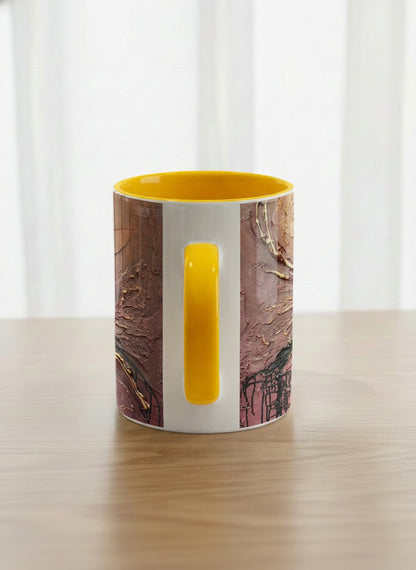 Classic Mug | Fiery Arabesque side view mug showing abstract marbled pattern in earthy brown, red, and gold tones by Mersedes Mein - Gallery By Inhesion