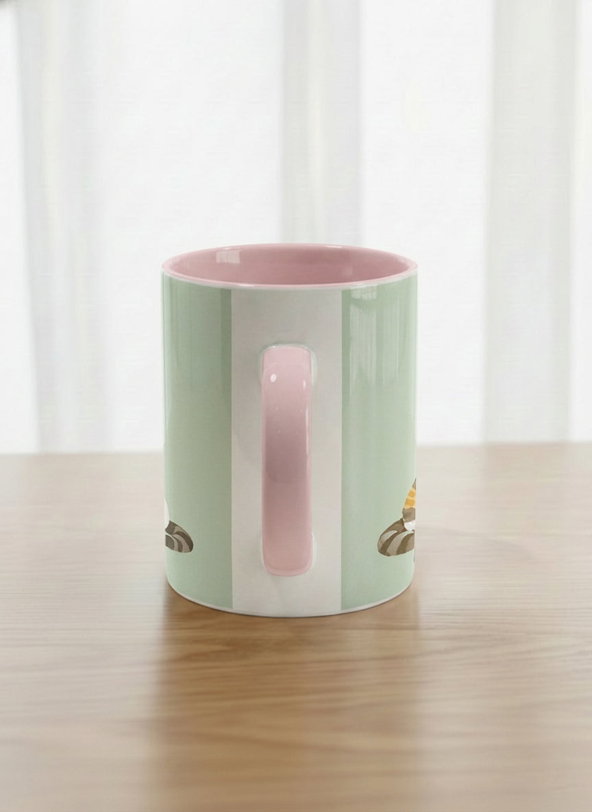 Classic Mug | The Perfect Pair side view mug two cats with Korean name tags and bow ties on mint green, blush pink interior, by Hyun Jung Cho