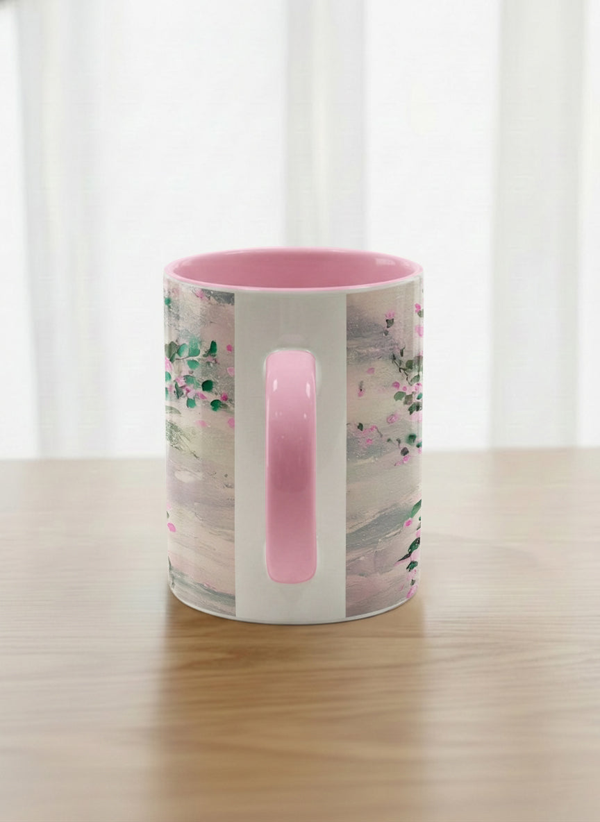 Classic Mug | Pink Roses in a Jar side view mug showing painted pink roses and greenery on a light background design by Renee Pupetz - Gallery By Inhesion