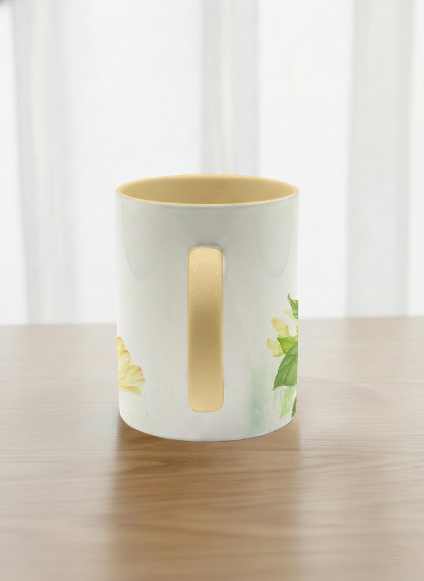 Classic Mug | Butterfly Lovers side view mug with watercolor butterflies and vibrant yellow/orange flowers by Alice Wong - Gallery By Inhesion